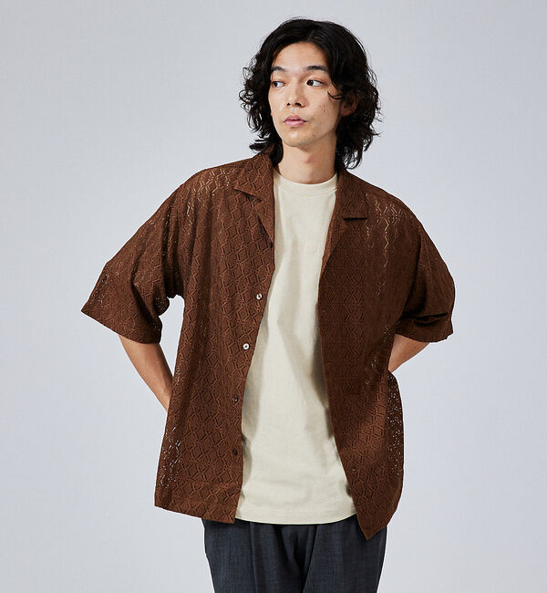 ABAHOUSE「【ジオメトリック柄】 ストレッチ シアーシャツ/レースシャツ」|シャツ・ブラウス|ブラウン