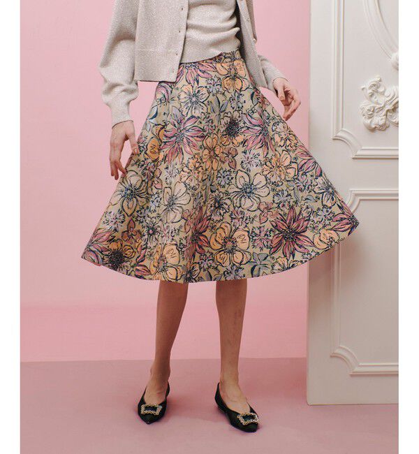 LOULOU WILLOUGHBY「【LOULOU WILLOUGHBY】MALHIAフラワージャガードフレアスカート」|フレア|ピンク