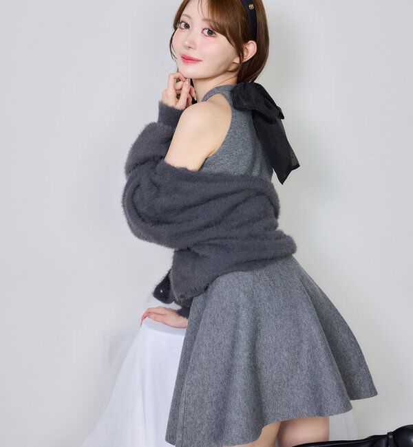  「2wayフェザーカーデSET後ろリボンニットミニワンピ」|ワンピース|