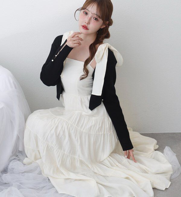  「【肩リボン取り外し可能】カーディガンセット２枚セットワンピ」|ワンピース|アイボリー