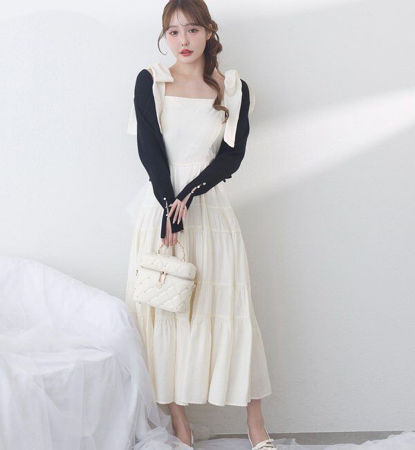  「【肩リボン取り外し可能】カーディガンセット２枚セットワンピ」|ワンピース|