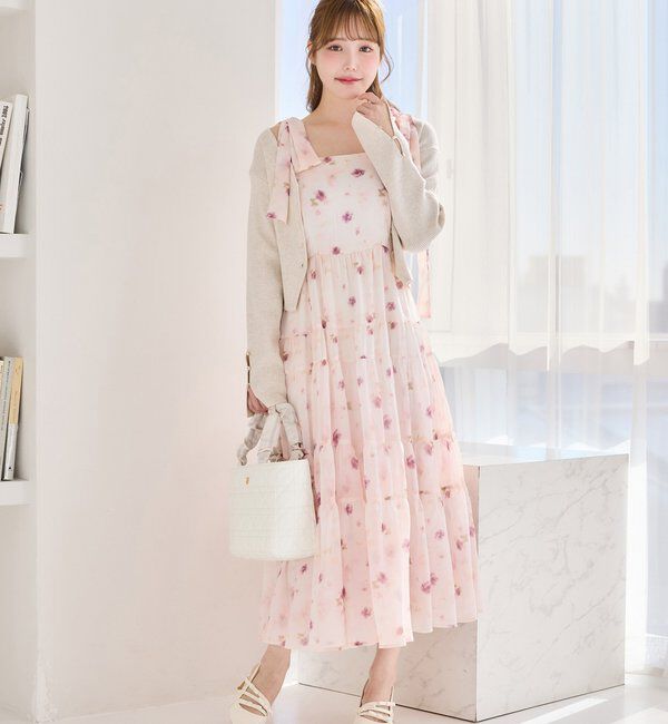  「【肩リボン取り外し可能】カーディガンセット２枚セットワンピ」|ワンピース|