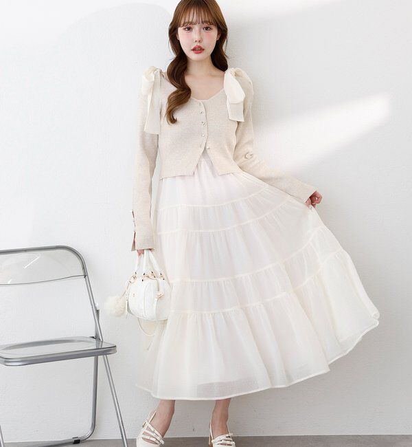 「【肩リボン取り外し可能】カーディガンセット２枚セットワンピ」|ワンピース|ホワイト系その他