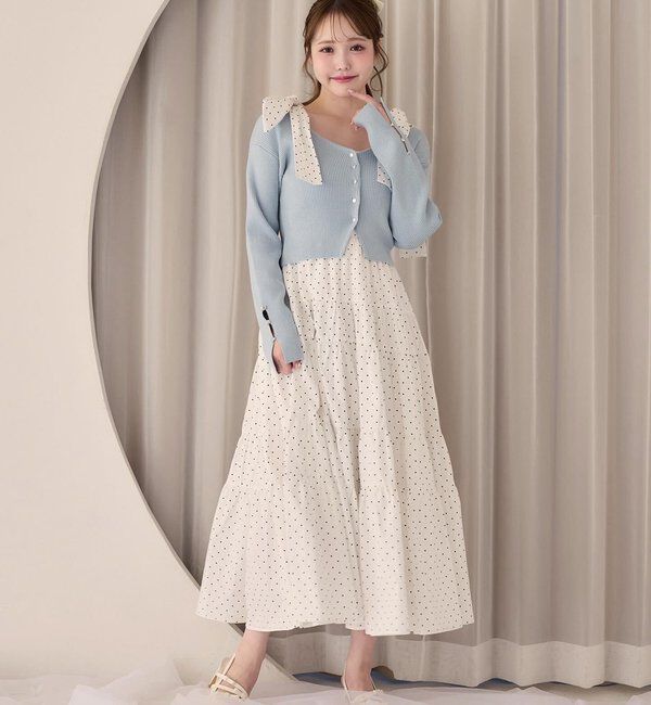  「【肩リボン取り外し可能】カーディガンセット２枚セットワンピ」|ワンピース|