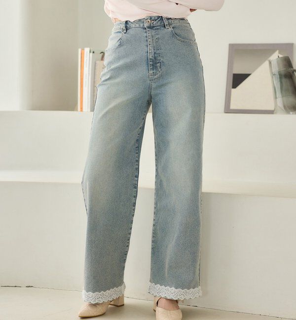  「【ウエスト調整可】レースポケットワイドデニム/SMサイズ展開あり」|その他|ブルー