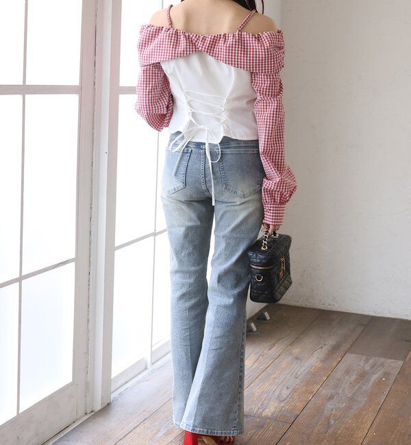  「バックレースアップ配色オフショルブラウス」|シャツ・ブラウス|