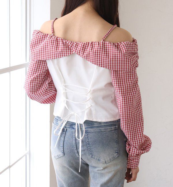  「バックレースアップ配色オフショルブラウス」|シャツ・ブラウス|