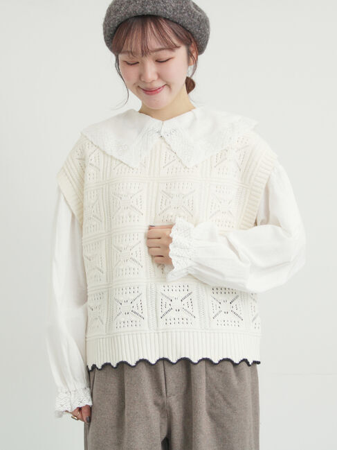 Samansa Mos2「クロシェ風配色ニットベスト」|ダウンベスト・ベスト|