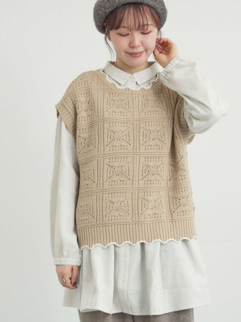 Samansa Mos2「クロシェ風配色ニットベスト」|ダウンベスト・ベスト|ベージュ