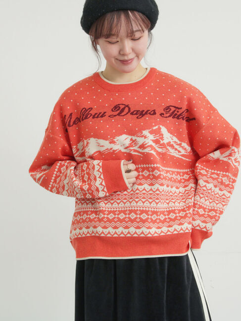 Samansa Mos2「山柄ジャカードニット」|ニット・セーター|オレンジ
