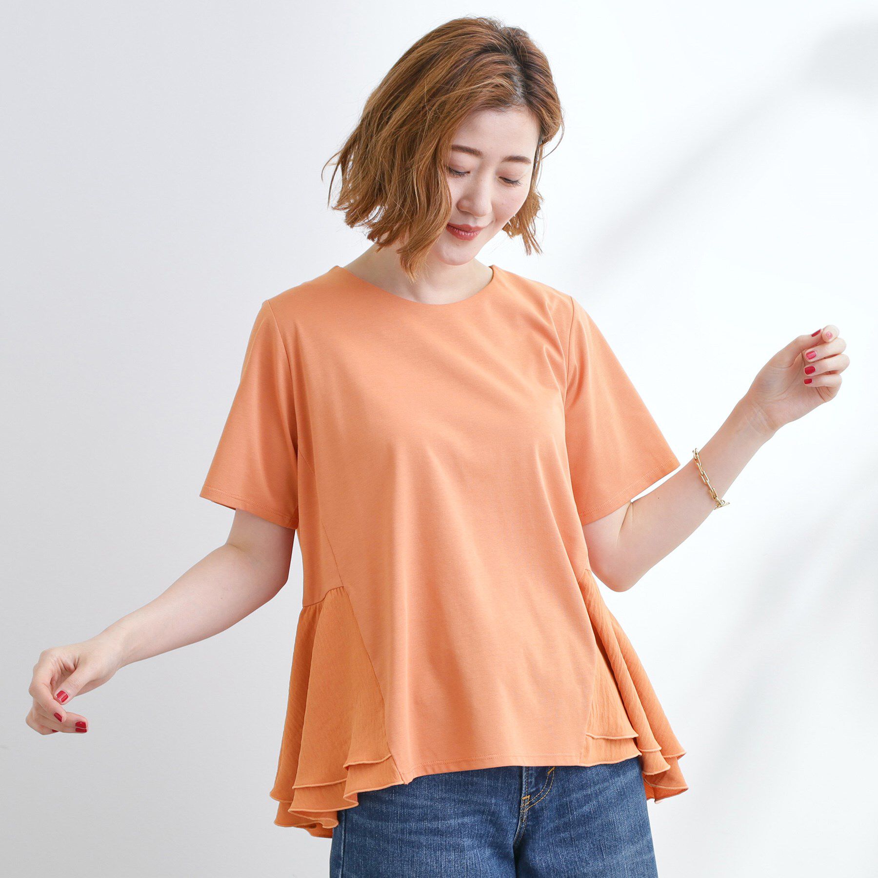 grove「【UV・冷感】布帛使いフレアーTシャツ」|Tシャツ・カットソー|オレンジ(067)