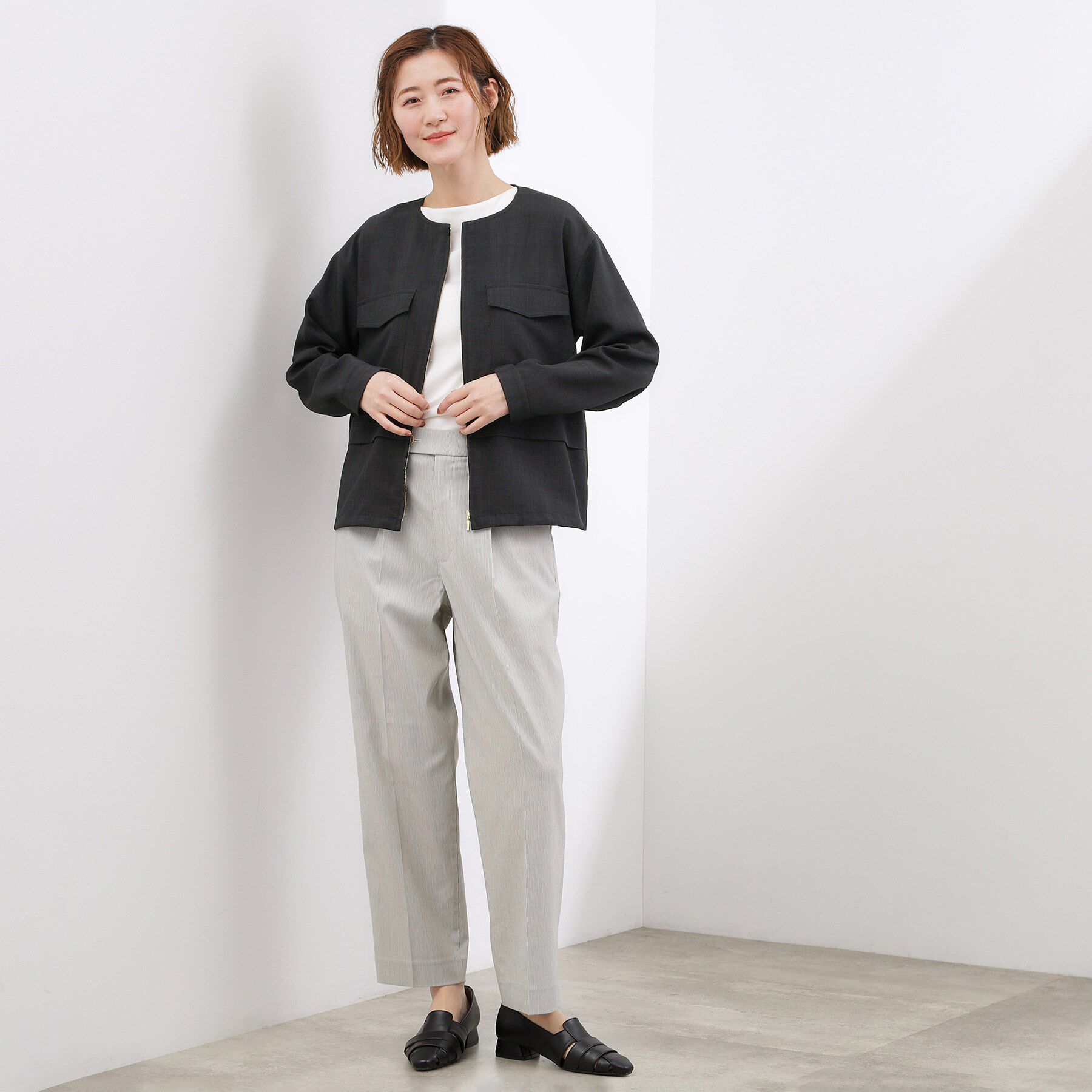 grove「【貴島明日香さん着用・洗える】麻調ノーカラーブルゾン」|ブルゾン・スタジャン|