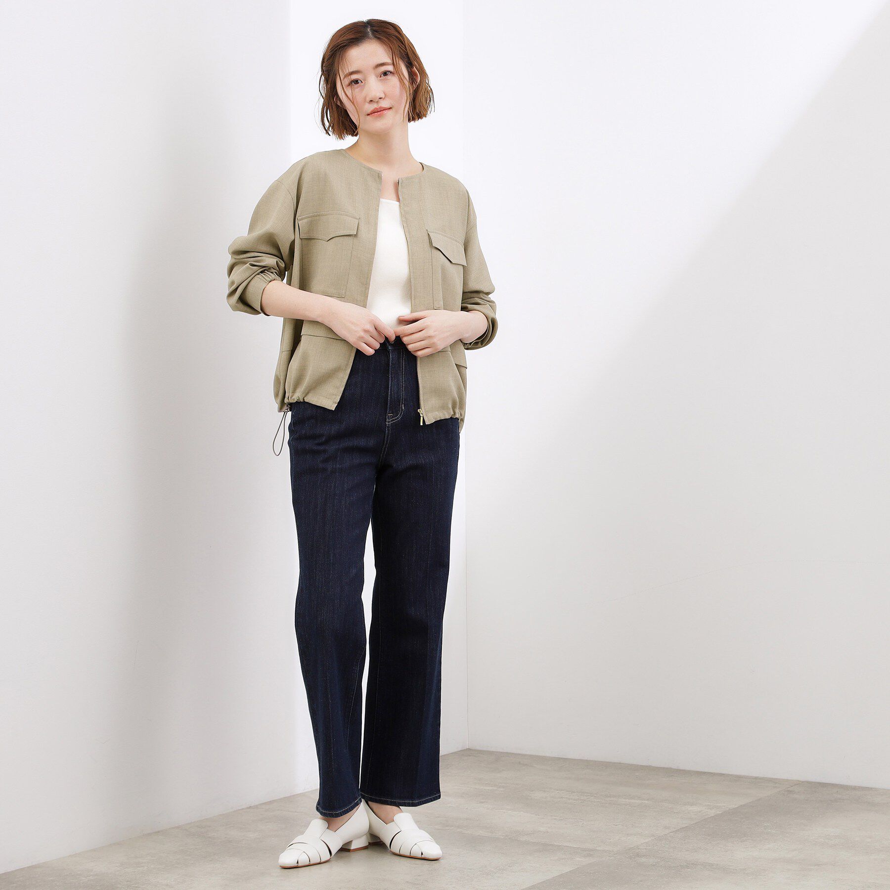 grove「【貴島明日香さん着用・洗える】麻調ノーカラーブルゾン」|ブルゾン・スタジャン|