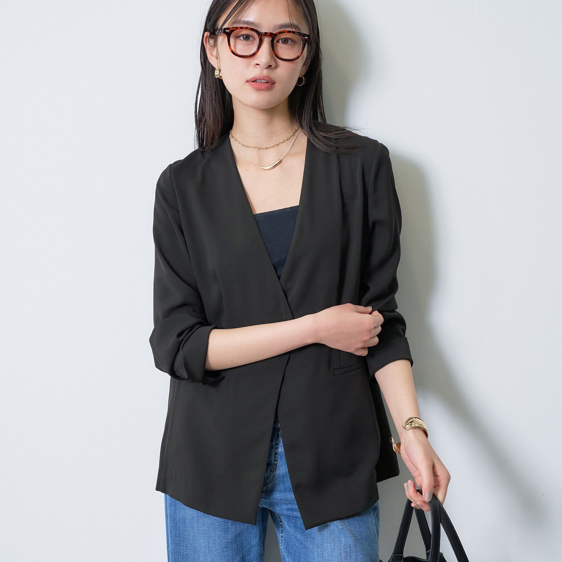 INDIVI「【さらに軽く軽快！／着る日傘】ノーカラージャケット」|ノーカラージャケット|ブラック(019)