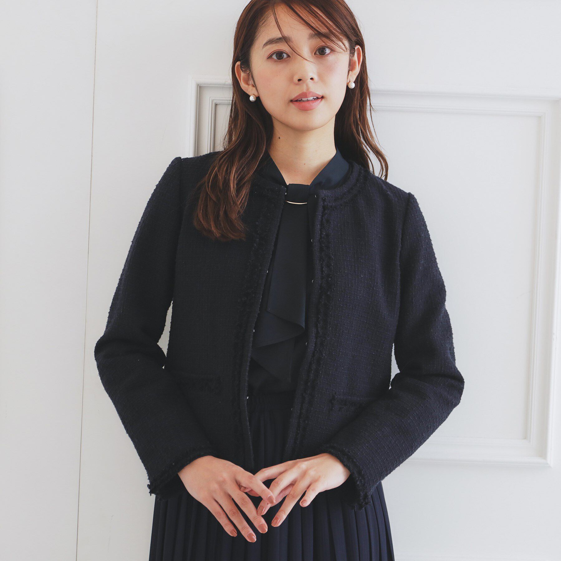 index「＜通勤・セレモニー/セットアップ対応＞ノーカラーツイードジャケット【洗える】」|ノーカラージャケット|ネイビー(094)