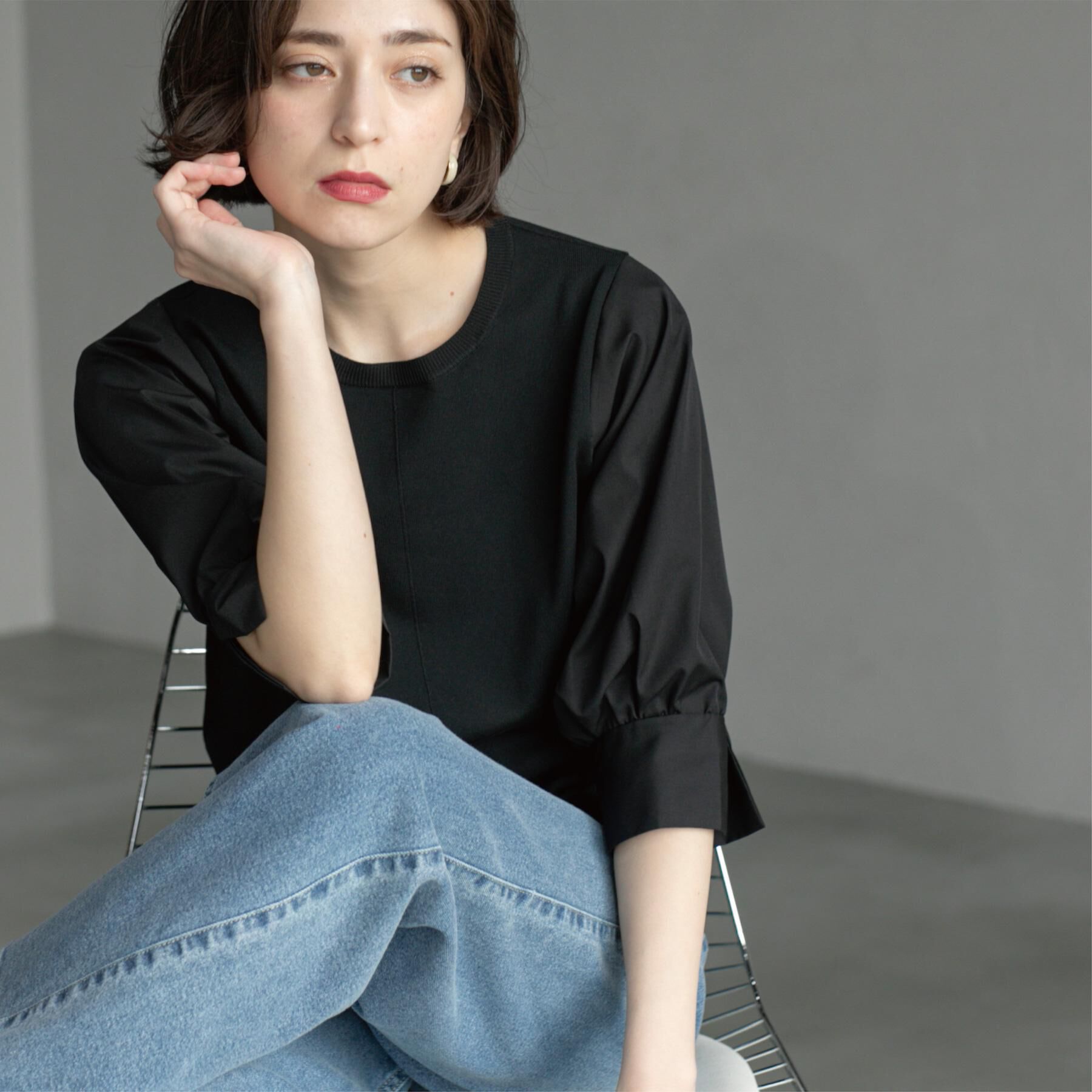 OPAQUE.CLIP「フハクスリーブドッキングニット【洗濯機洗い可】」|ニット・セーター|ブラック(019)