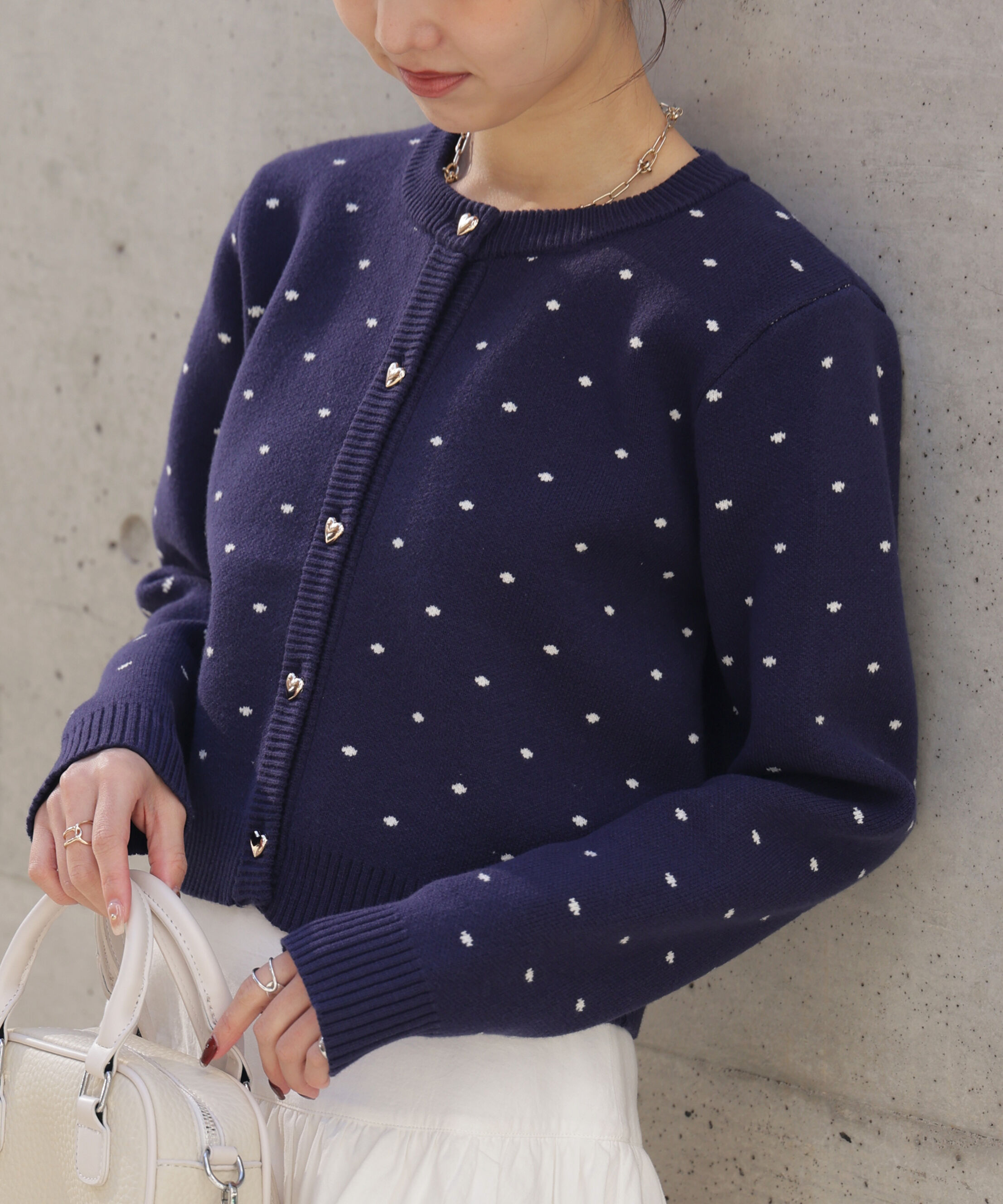  「ハートボタンドット柄カーディガン」|ニット・セーター|ネイビー
