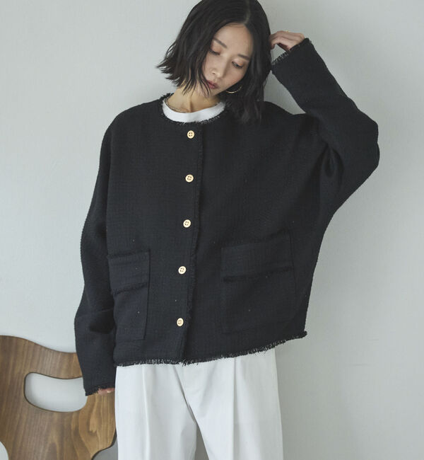 Doux archives「ドルマンツイードノーカラージャケット」|ノーカラージャケット|BLACK