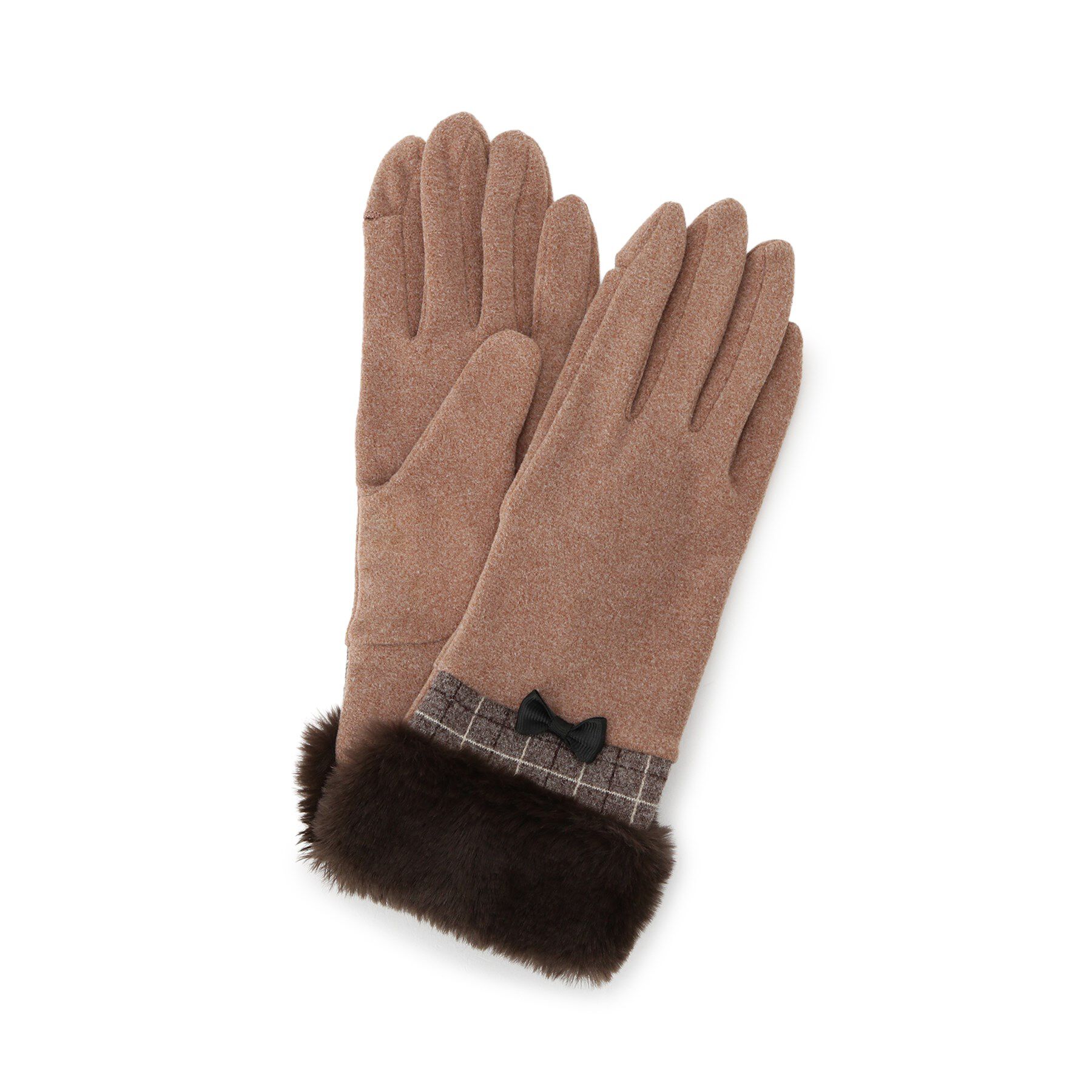 ITS&rsquo;DEMO「【手洗い可】リボン付フェイクファーカフスグローブ」|手袋|ブラウン(043)