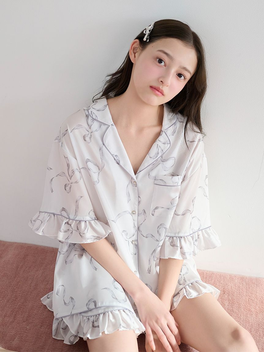 SNIDEL HOME「【Luxshine】【接触冷感】フリルリボン開襟シャツ」|ルームウェア|