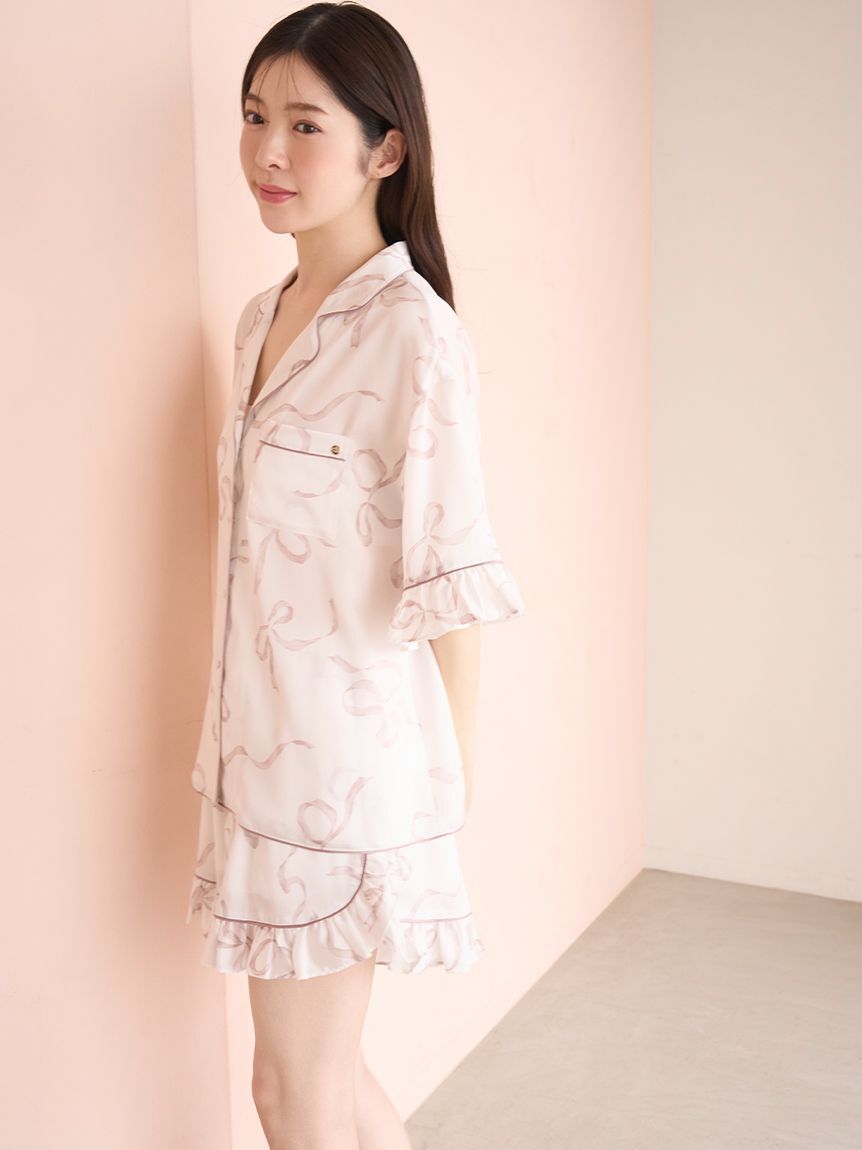 SNIDEL HOME「【Luxshine】【接触冷感】フリルリボン開襟シャツ」|ルームウェア|