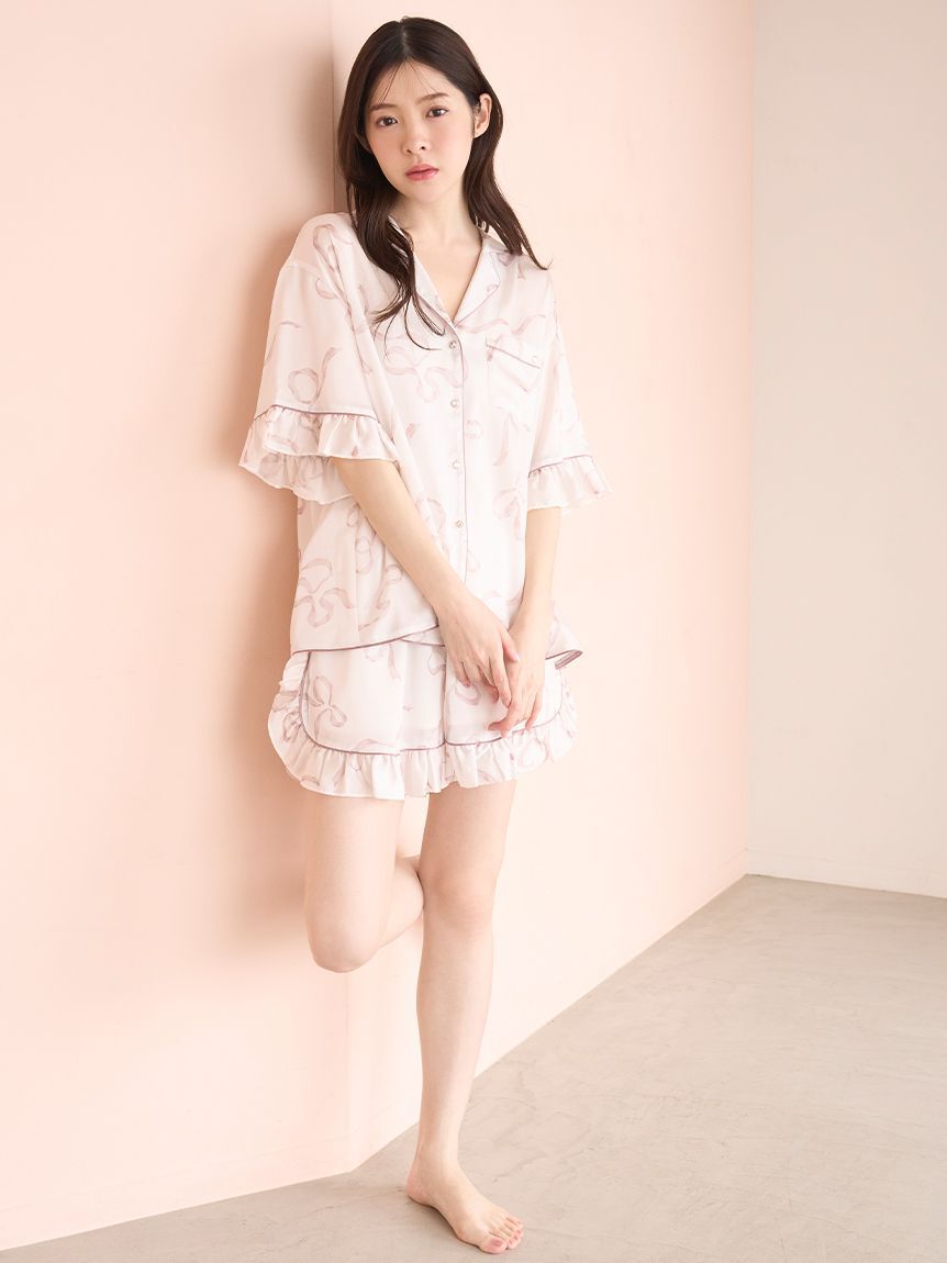 SNIDEL HOME「【Luxshine】【接触冷感】フリルリボン開襟シャツ」|ルームウェア|