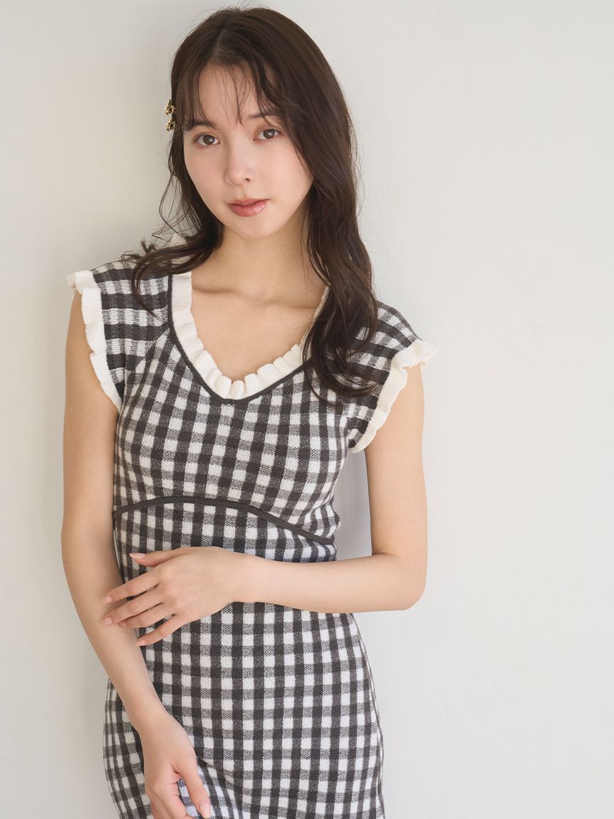 SNIDEL HOME「ギンガムフリルニットワンピース」|ルームウェア|