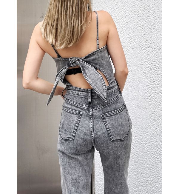 GYDA「ケミカルBACKリボンデニムロンパース」|オールインワン|ブラック