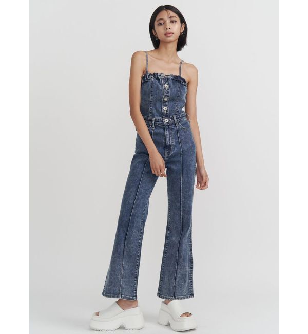 GYDA「ケミカルBACKリボンデニムロンパース」|オールインワン|