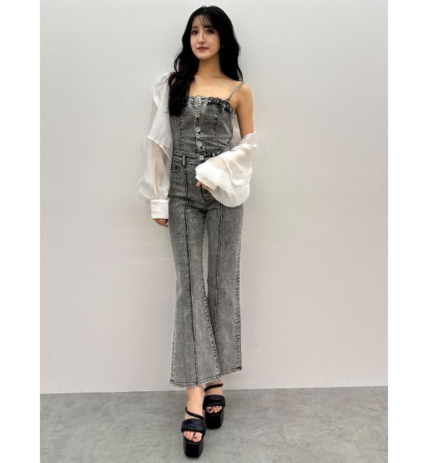 GYDA「ケミカルBACKリボンデニムロンパース」|オールインワン|