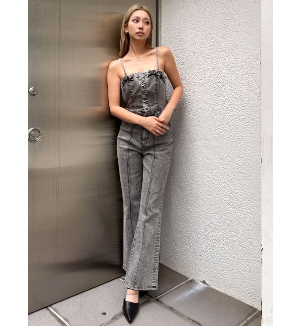 GYDA「ケミカルBACKリボンデニムロンパース」|オールインワン|