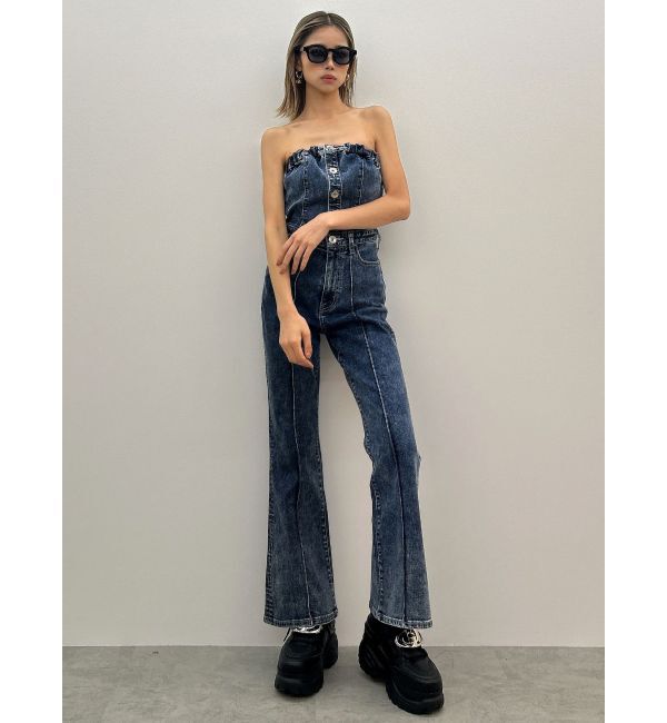 GYDA「ケミカルBACKリボンデニムロンパース」|オールインワン|