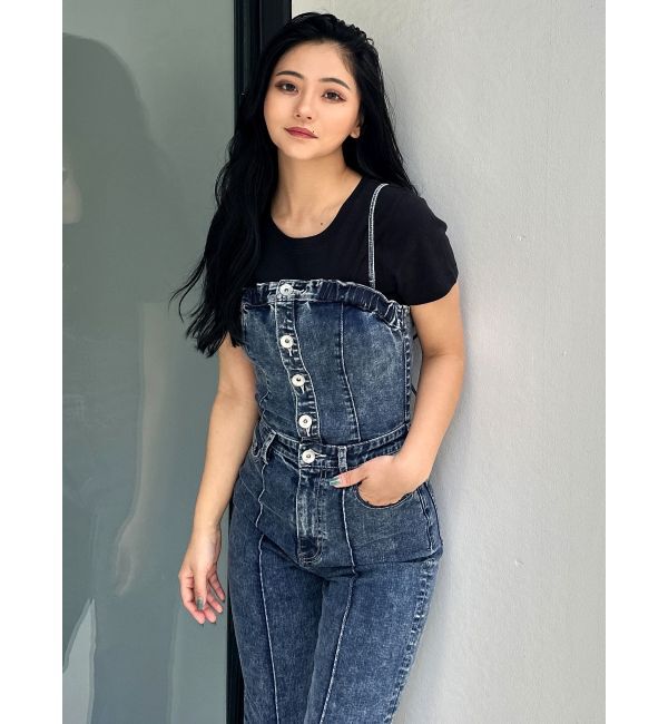 GYDA「ケミカルBACKリボンデニムロンパース」|オールインワン|