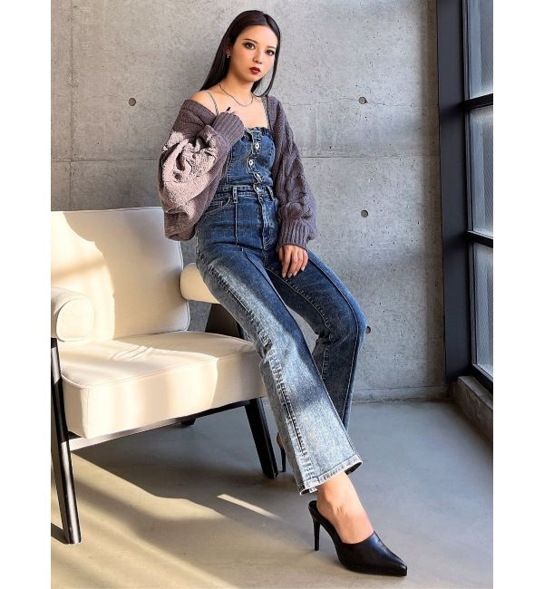 GYDA「ケミカルBACKリボンデニムロンパース」|オールインワン|