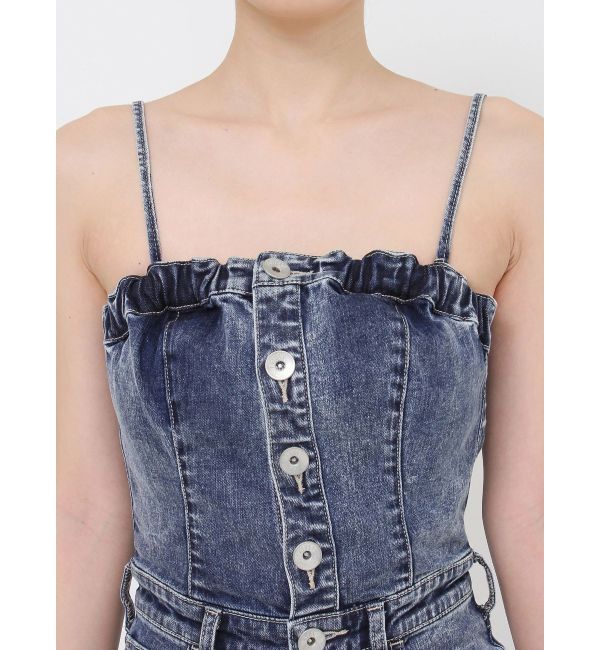 GYDA「ケミカルBACKリボンデニムロンパース」|オールインワン|