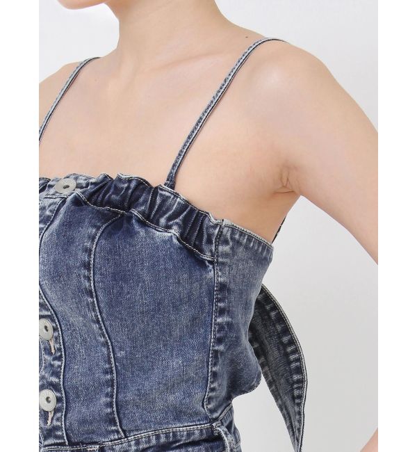 GYDA「ケミカルBACKリボンデニムロンパース」|オールインワン|