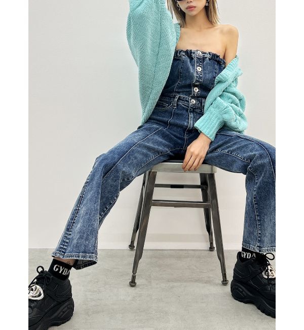 GYDA「ケミカルBACKリボンデニムロンパース」|オールインワン|ブルー