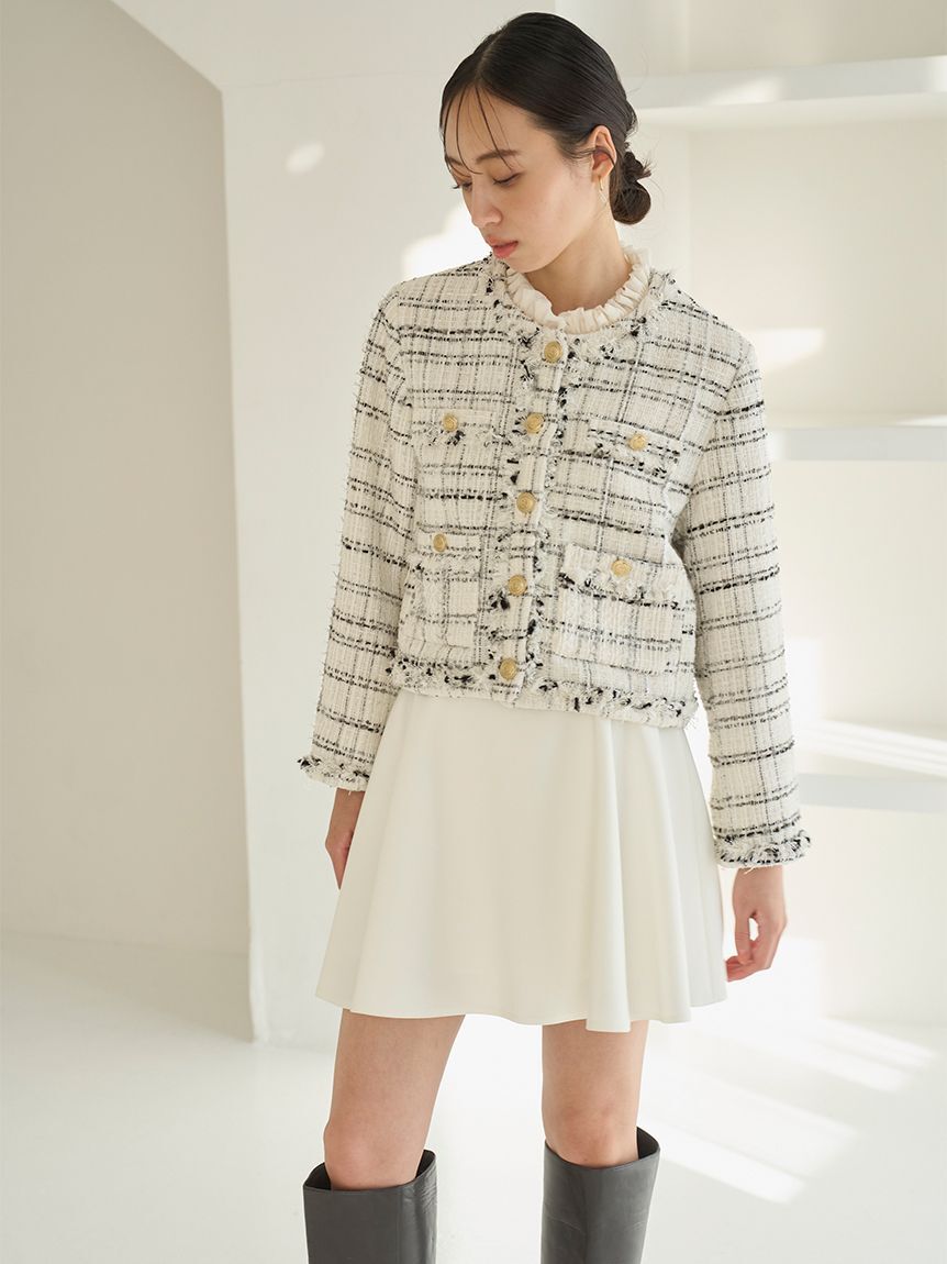 SNIDEL「デタッチャブルフリルカラーツイードジャケット」|ノーカラージャケット|