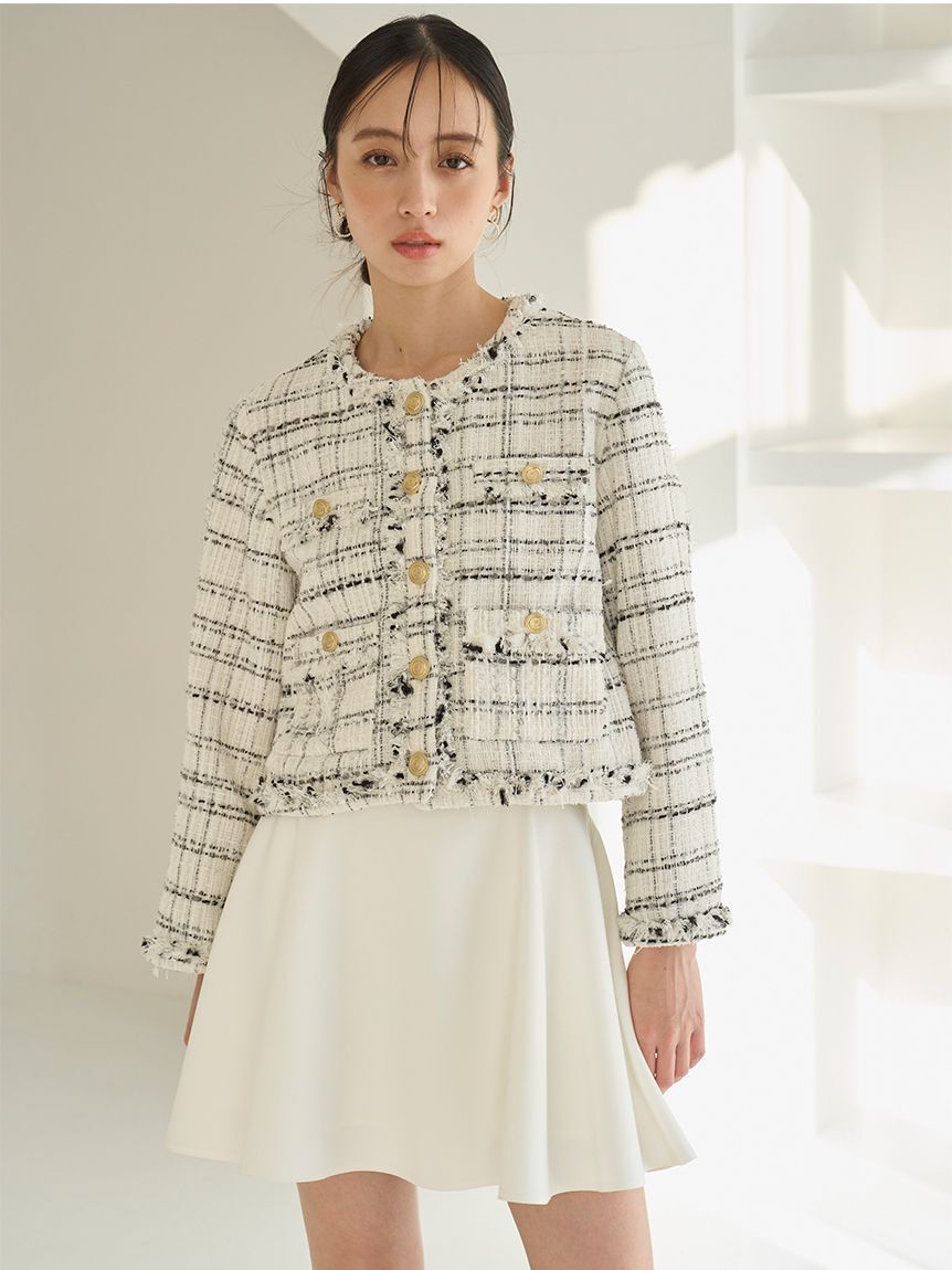 SNIDEL「デタッチャブルフリルカラーツイードジャケット」|ノーカラージャケット|