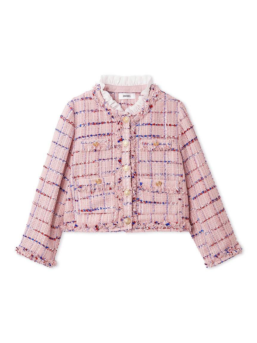 SNIDEL「デタッチャブルフリルカラーツイードジャケット」|ノーカラージャケット|