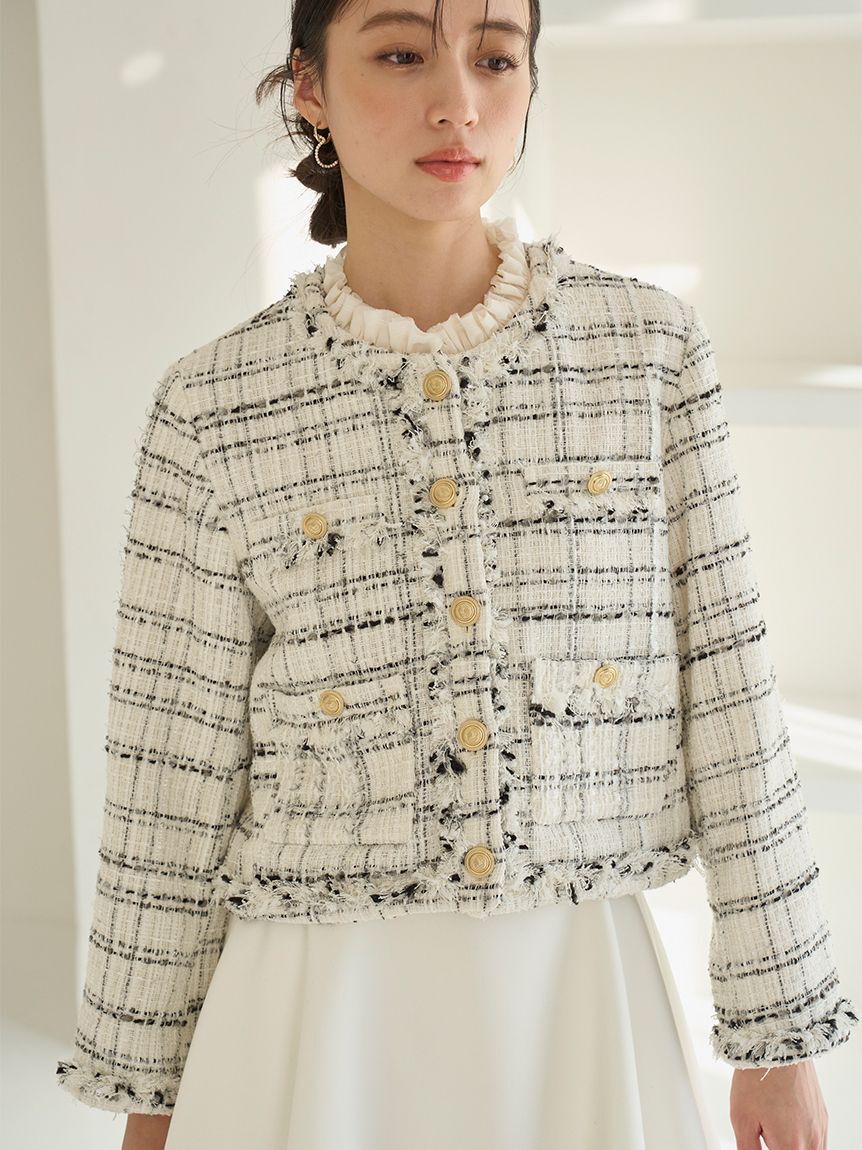 SNIDEL「デタッチャブルフリルカラーツイードジャケット」|ノーカラージャケット|