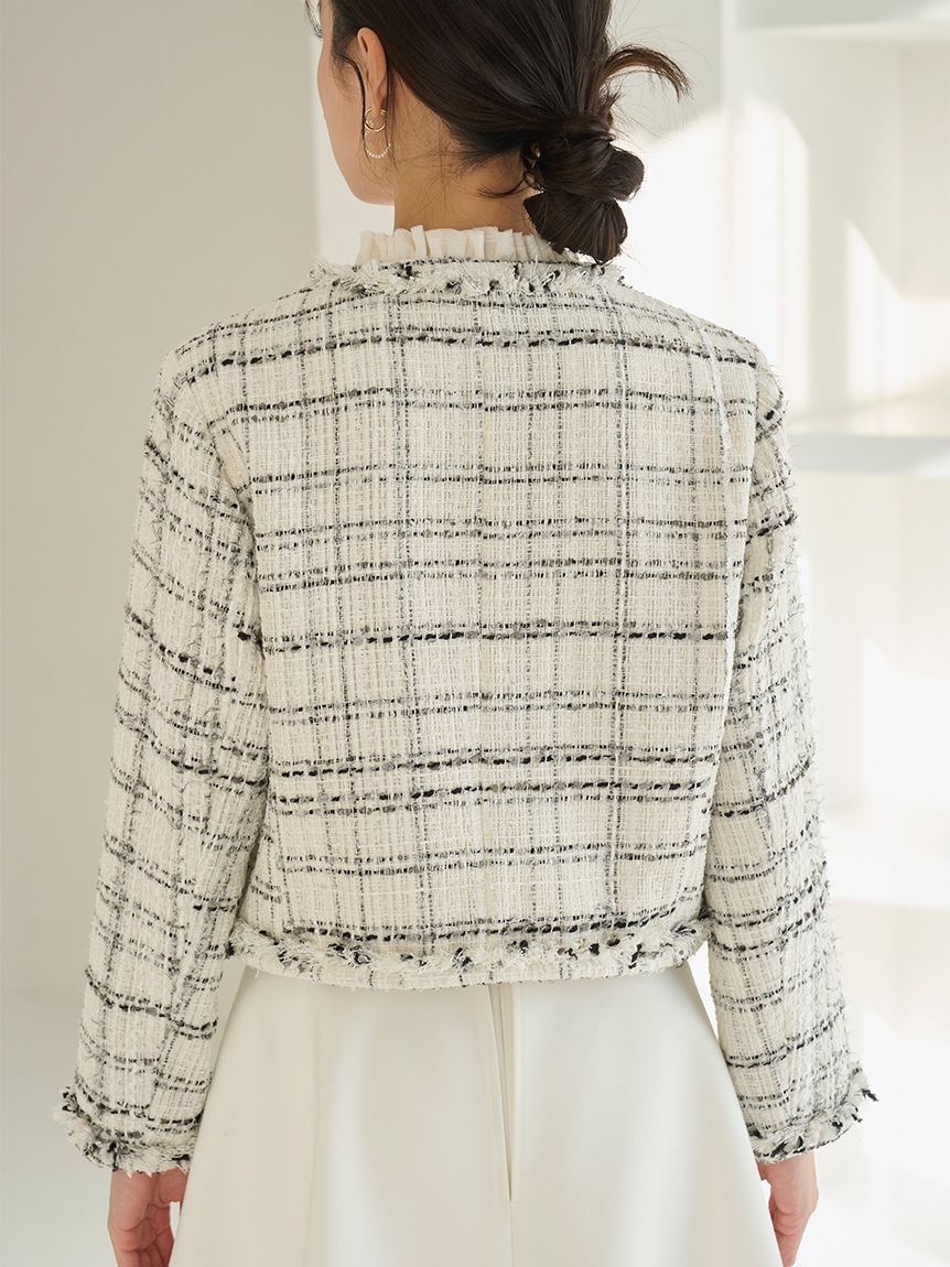 SNIDEL「デタッチャブルフリルカラーツイードジャケット」|ノーカラージャケット|