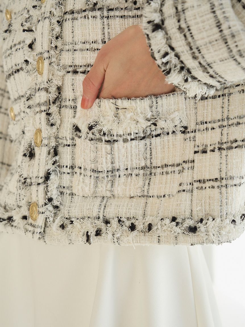 SNIDEL「デタッチャブルフリルカラーツイードジャケット」|ノーカラージャケット|