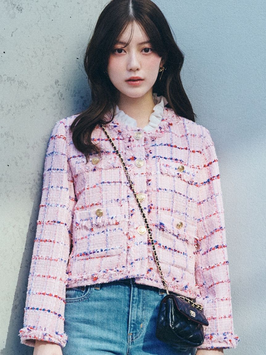 SNIDEL「デタッチャブルフリルカラーツイードジャケット」|ノーカラージャケット|PNK