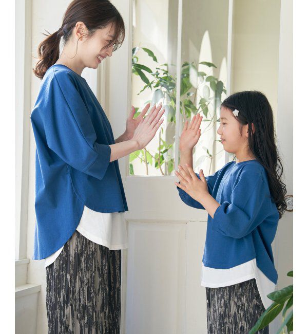 ikka kids「【親子おそろい】梨地裾レイヤー5分袖プルオーバー（120~160cm）」|Tシャツ・カットソー|