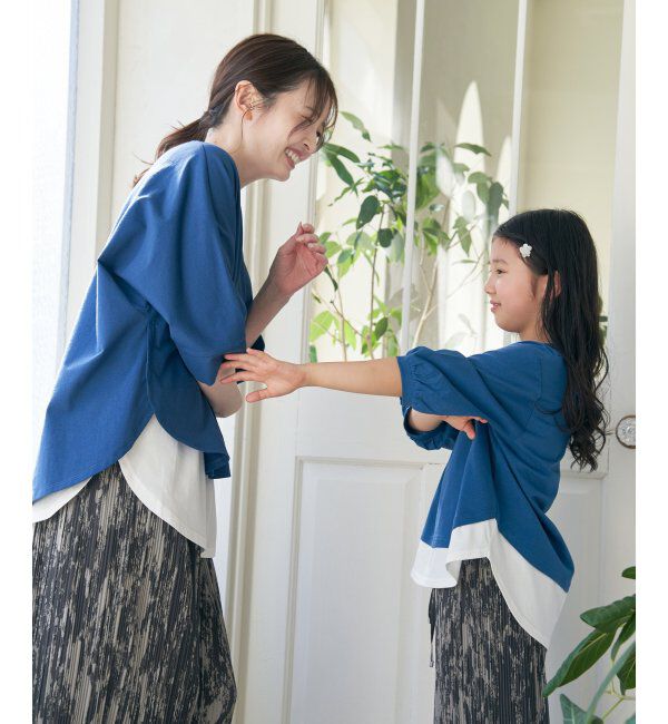 ikka kids「【親子おそろい】梨地裾レイヤー5分袖プルオーバー（120~160cm）」|Tシャツ・カットソー|