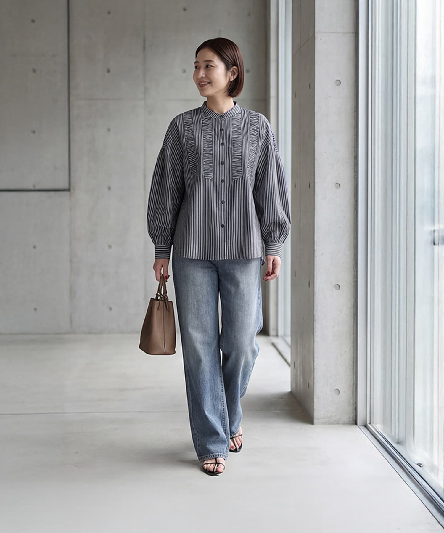 STYLE DELI「ストライプ柄ヨーク装飾バンドカラーシャツ」|シャツ・ブラウス|