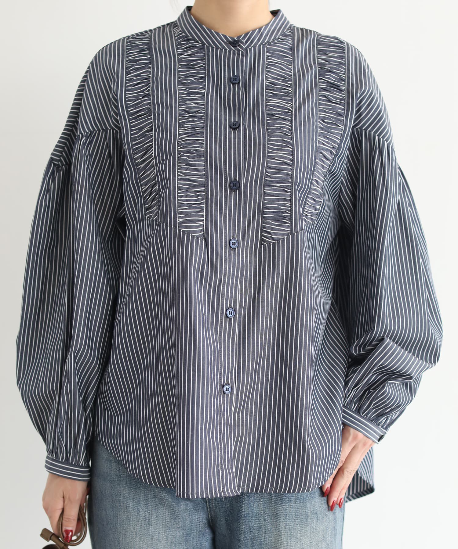 STYLE DELI「ストライプ柄ヨーク装飾バンドカラーシャツ」|シャツ・ブラウス|