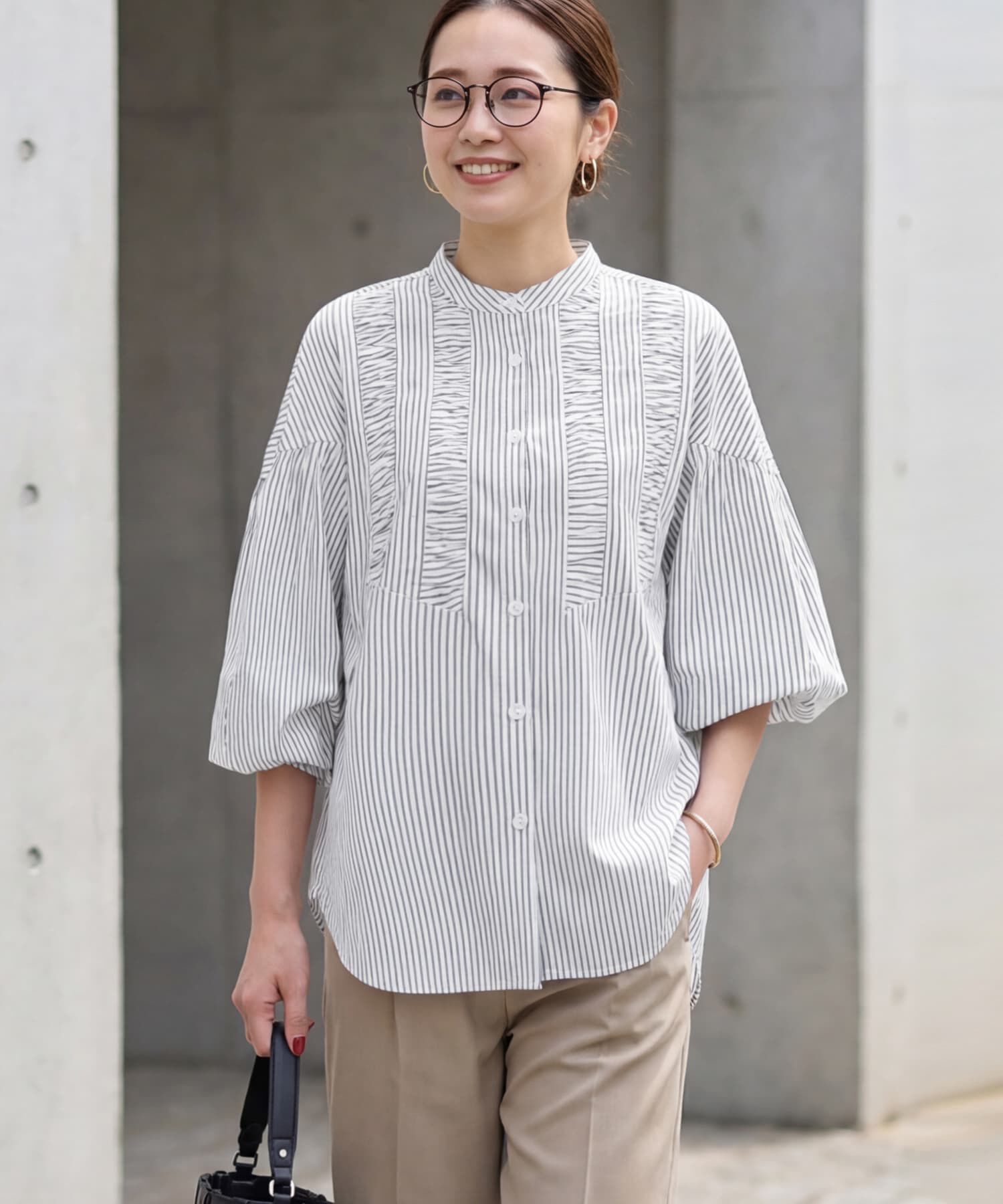 STYLE DELI「ストライプ柄ヨーク装飾バンドカラーシャツ」|シャツ・ブラウス|ホワイト