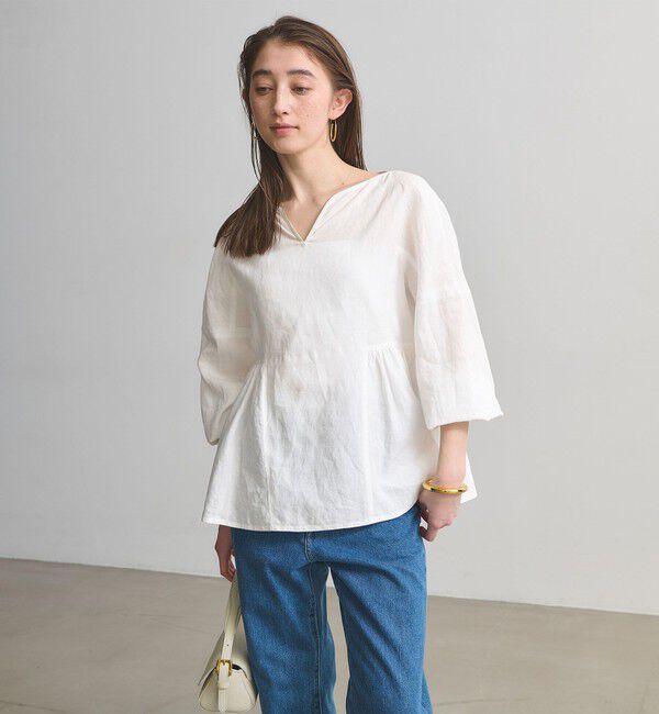 UNITED ARROWS「リネン スキッパー ペプラム ブラウス ‐ウォッシャブル‐」|シャツ・ブラウス|WHITE